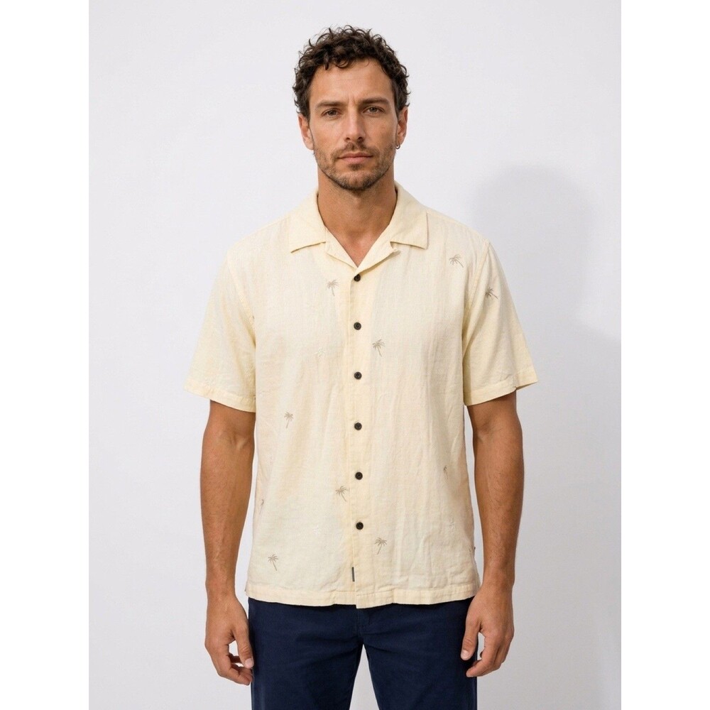 Quiksilver Edition Silk Woven Beige Embroidered Button Up Shirt Mens Medium
